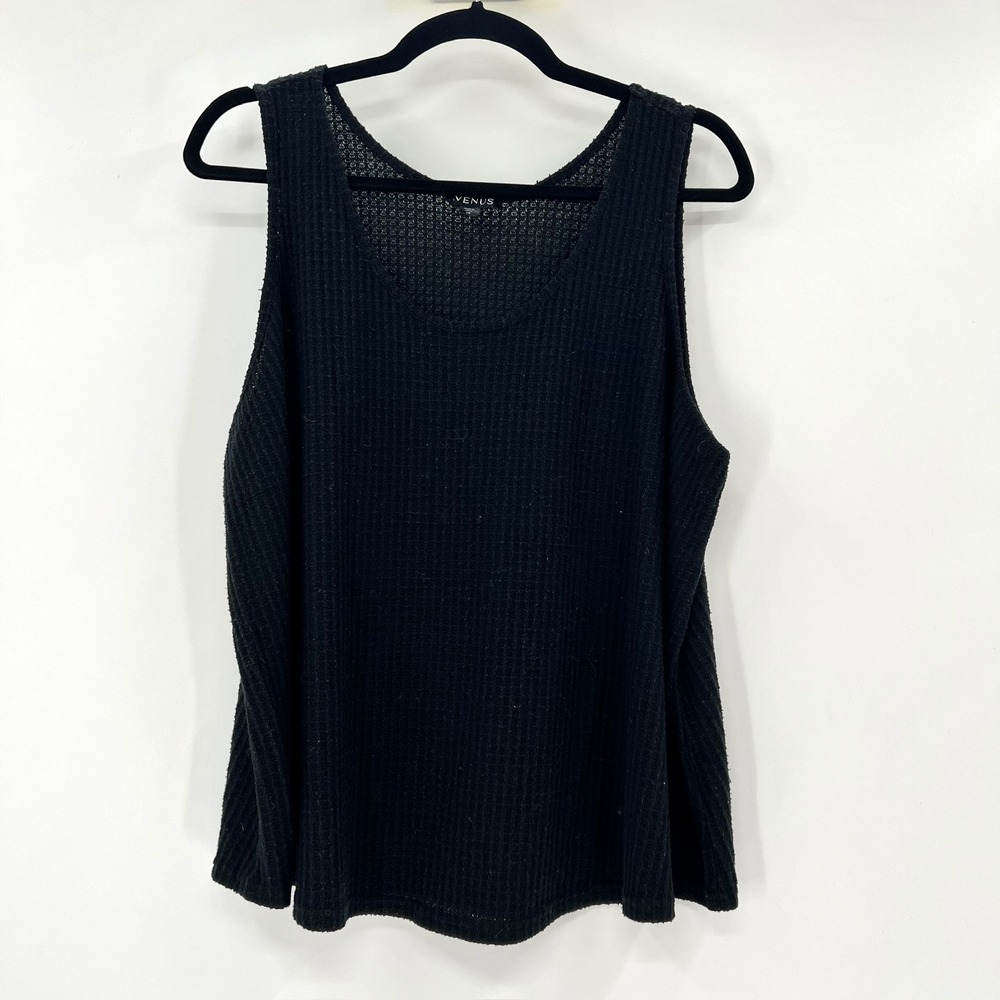 Venus Womens Black Waffle Knit Thermal Tank Top Scoop Neck Sleeveless 1X - Picture 2 of 5